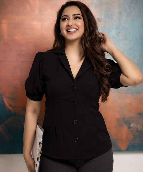 Blazer Inspired Puff Sleeve Black Top